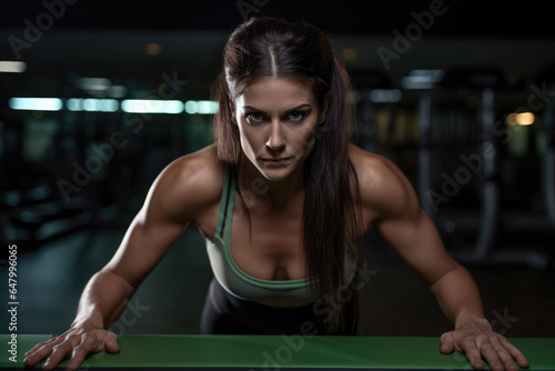 Woman leaning over bar in gym. This image can be used to showcase gym workouts and fitness routines.