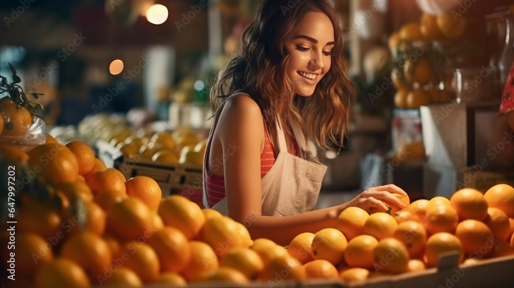 photograph of A young woman in apron sells juicy tangerines in fruit shop.generative ai