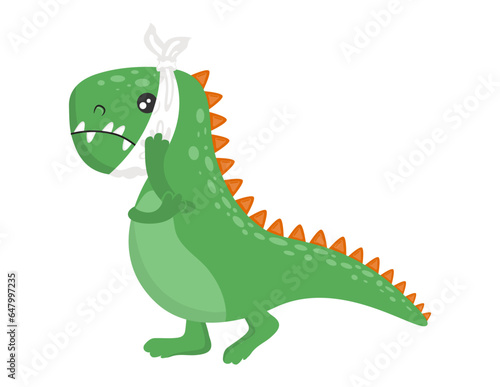 Cute  sad dinosaur holding his sore cheek. I have a toothache. Vector flat illustration on white background