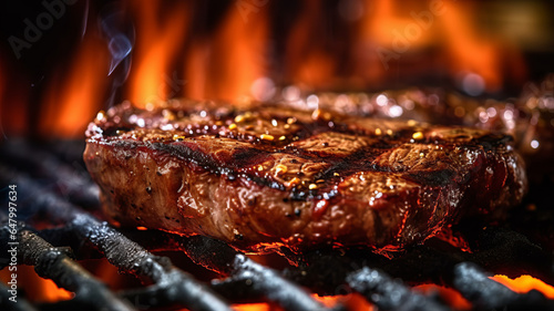 photograph of Beef, ribeye steak barbecue on the grill telephoto lens realistic natural lighting