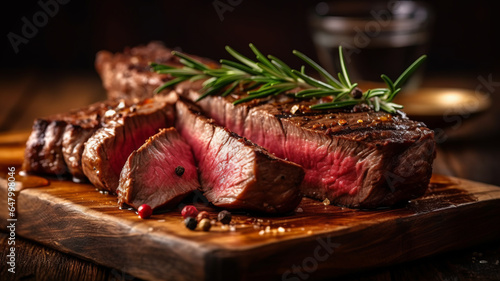 photograph of Beef, Sliced grilled meat steak Rib eye medium rare set on wooden serving board. photo