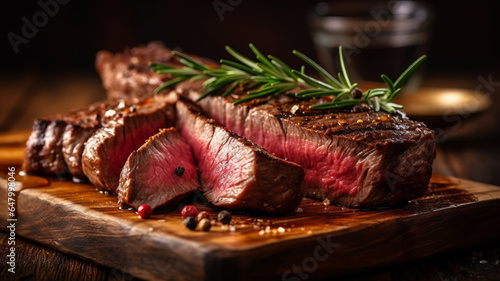 photograph of Beef, Sliced grilled meat steak Rib eye medium rare set on wooden serving board.