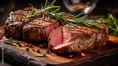 photograph of Beef, Sliced grilled meat steak Rib eye medium rare set on wooden serving board. photo