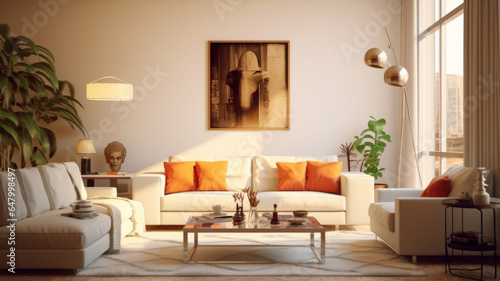 Interior Furniture, Pop art style interior design of modern living room with two beige sofas.generative ai © LomaPari2021