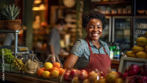 photograph of Joyful seller woman working in vegetable shop.generative ai