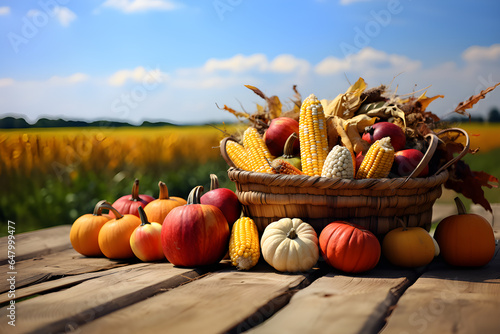 Thanksgiving with Basket of Pumpkins and Corn on Wooden Table