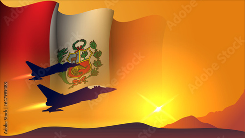 fighter jet plane with peru waving flag background design with sunset view suitable for national peru air forces day event