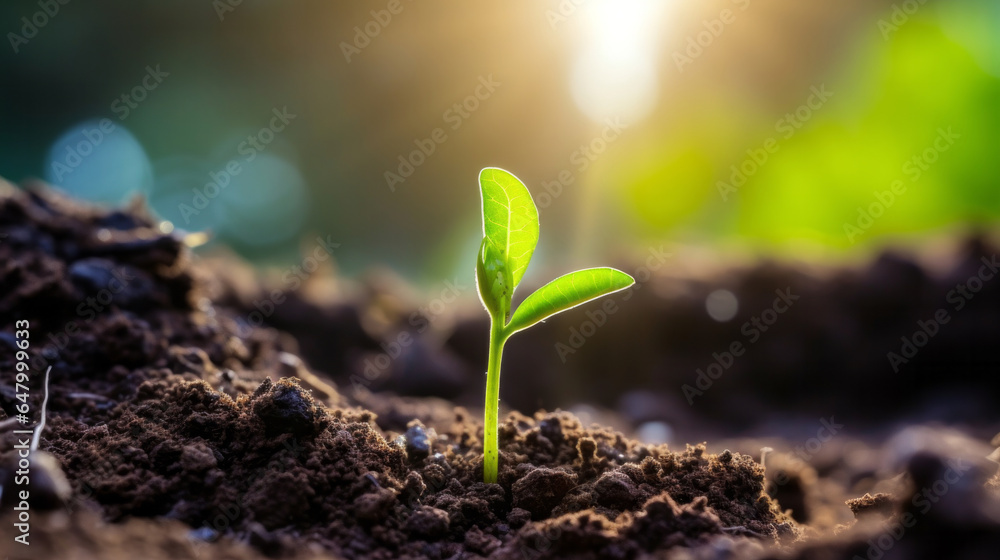 Fototapeta premium Seedling or young plant growing from the rich soil. Environmental and Farming