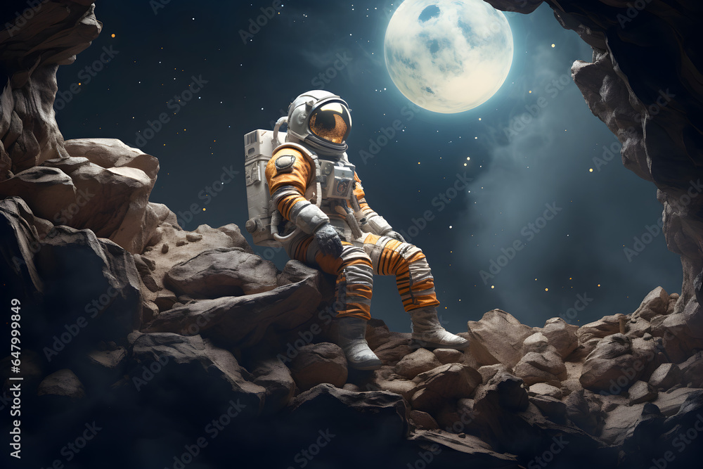 Spaceman or astronaut sitting on the rock of the moon. Spaceman or astronaut sitting on the rock of the moon.