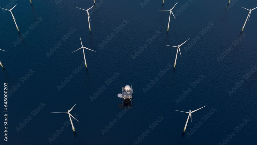 Production of renewable marine energy based on hydrogen. Production of hydrogen by electrolysis from electricity generated by wind farms. 3d rendering. Production of renewable marine energy based on hydrogen. Production of hydrogen by electrolysis from electricity generated by wind farms. 3d rendering.