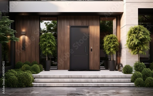 View to entrance door of a modern farmhouse. Beautifully decorated with potted plants.