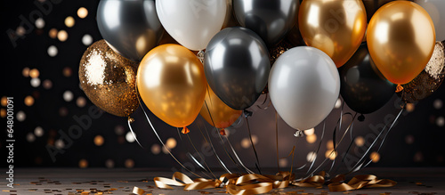 Festive Elegance: Metallic Balloons and Confetti on Glittering Background