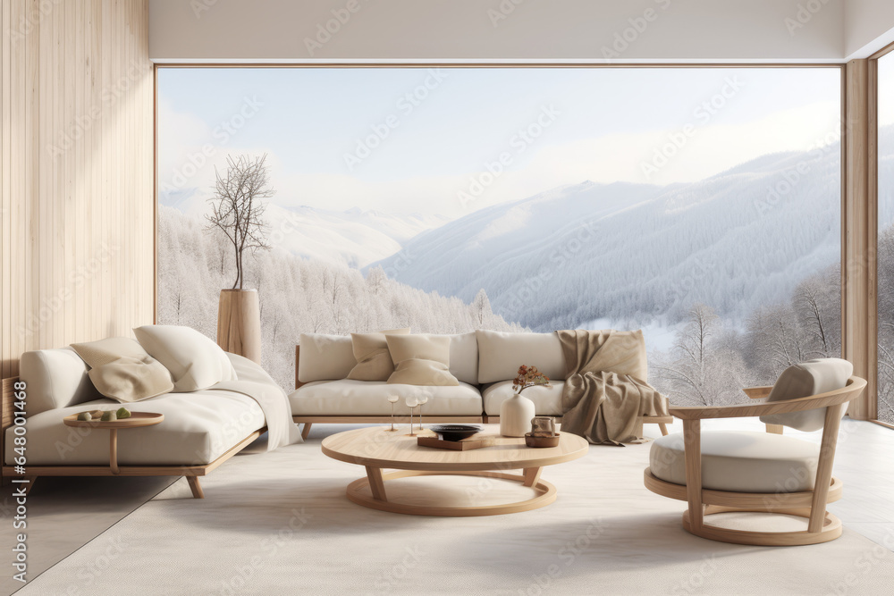Scandinavian Design: Bright, minimalist interior design of a modern living room with a round wooden coffee table, beige sofa and armchair, and floor-to-ceiling panoramic window with a winter mountain 
