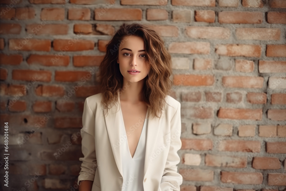 A Woman Standing In Front Of A Brick Wall A Woman Standing In Front Of A Brick Wall