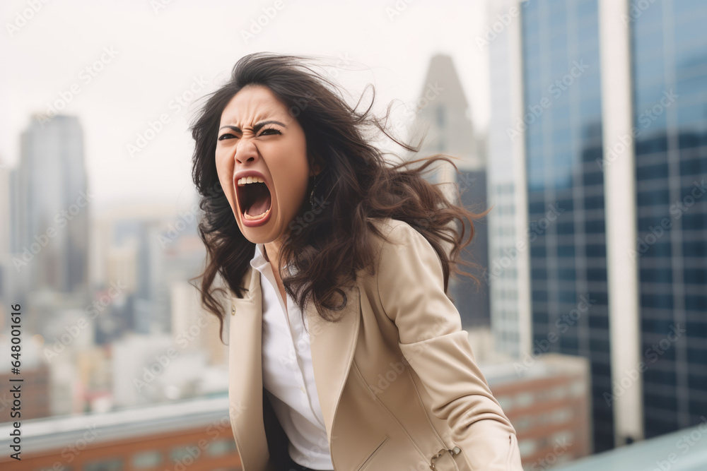 Fototapeta premium Anger Asian Woman In A Beige Jacket On City Background