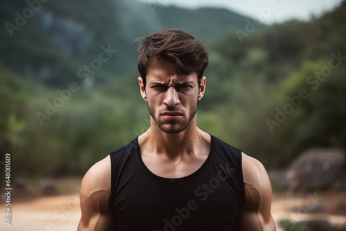 A Man In A Black Tank Top Standing In Front Of A Forest