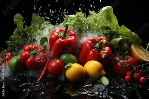Fresh vegetables splashing in clear water splash, healthy eating concept