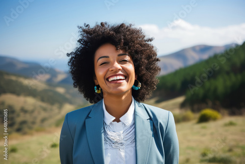 Happiness African Woman In A Blue Suit On Nature Landscape Background