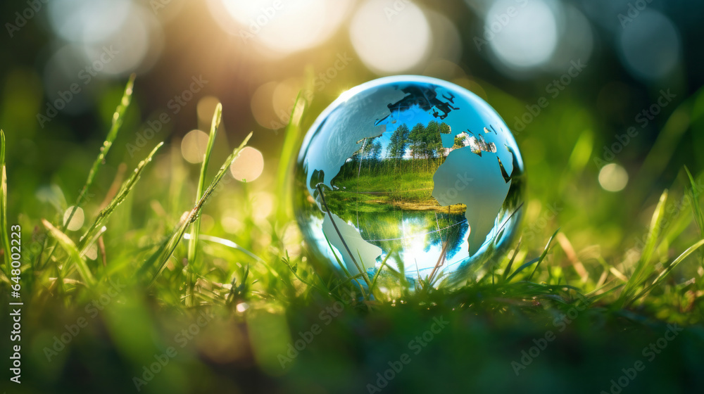 Glass globe on grass in a forest. Sustainable environment and Earth Day concept Glass globe on grass in a forest. Sustainable environment and Earth Day concept