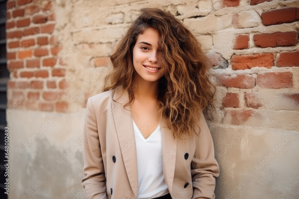A Woman Standing In Front Of A Brick Wall A Woman Standing In Front Of A Brick Wall