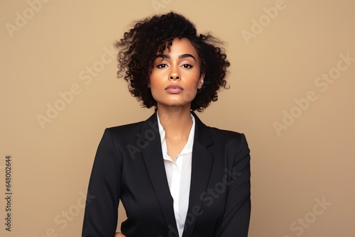 Sadness African Woman In A Black Suit On Pastel Background photo