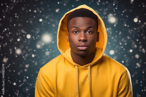 Sadness African Man In A Yellow Sweatshirt On Galaxy Stars Background photo