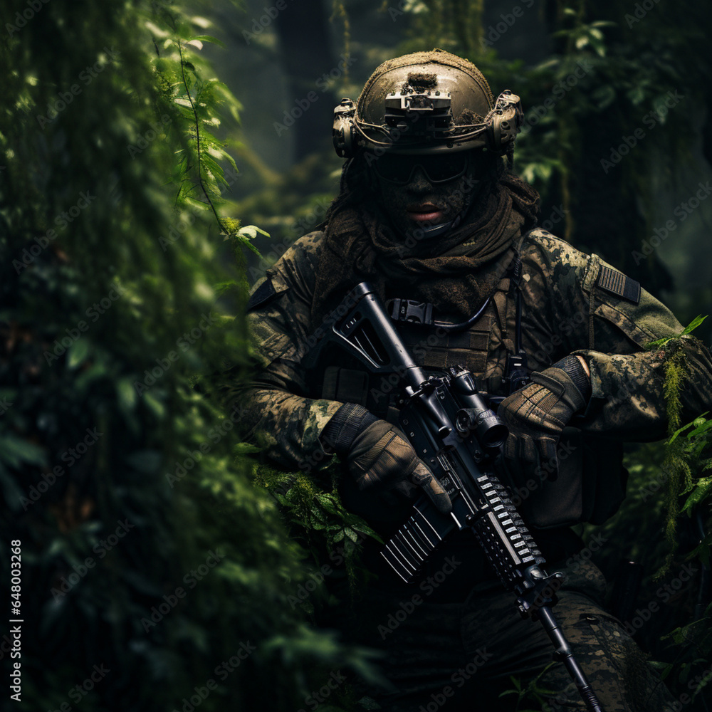 Soldier dressed in camouflage in the forest. Soldier dressed in camouflage in the forest.