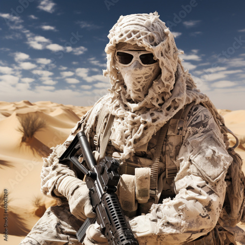 Soldier dressed in camouflage in the desert. © DALU11
