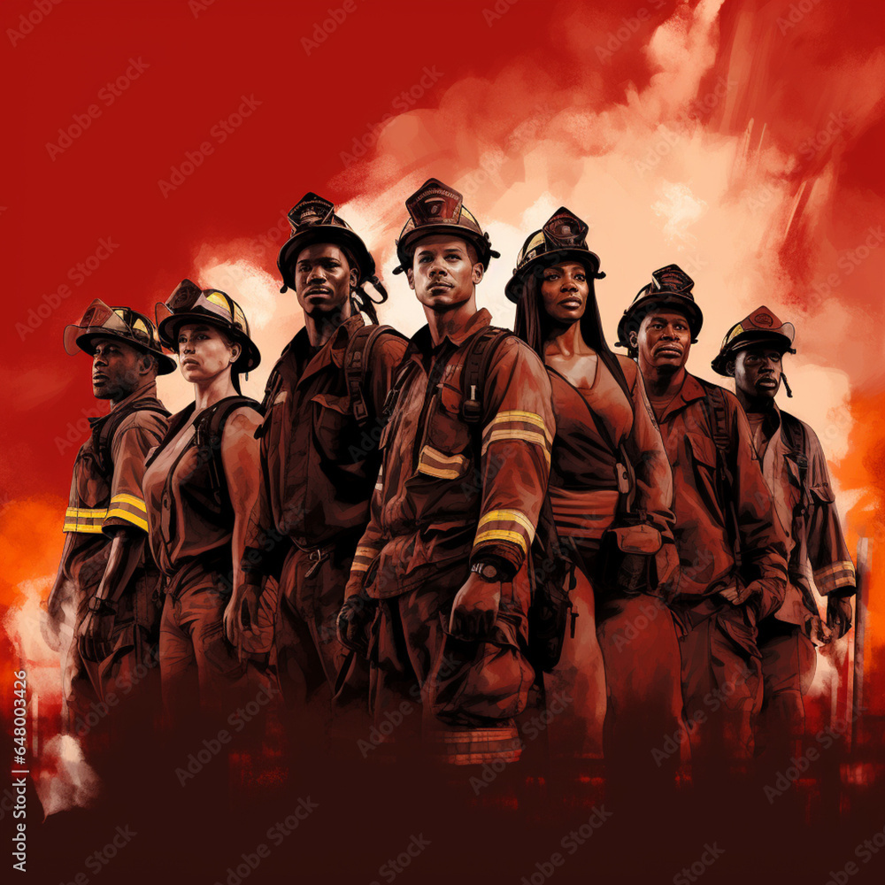 Fototapeta premium Diverse group of firefighters on a red background.