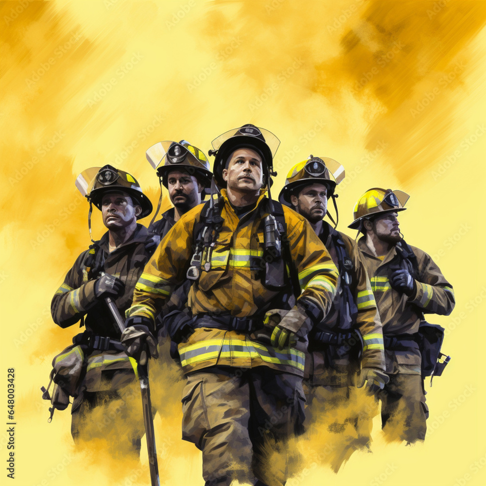 Naklejka premium Diverse group of firefighters on a yellow background.