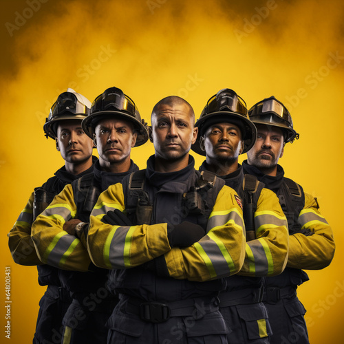 Diverse group of firefighters on a yellow background.