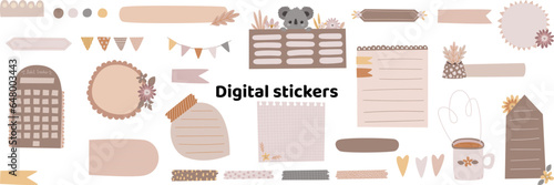 Blank hand-drawn digital stickers. Digital note papers and stickers for bullet journaling or planning. Digital planner stickers. Vector art.
