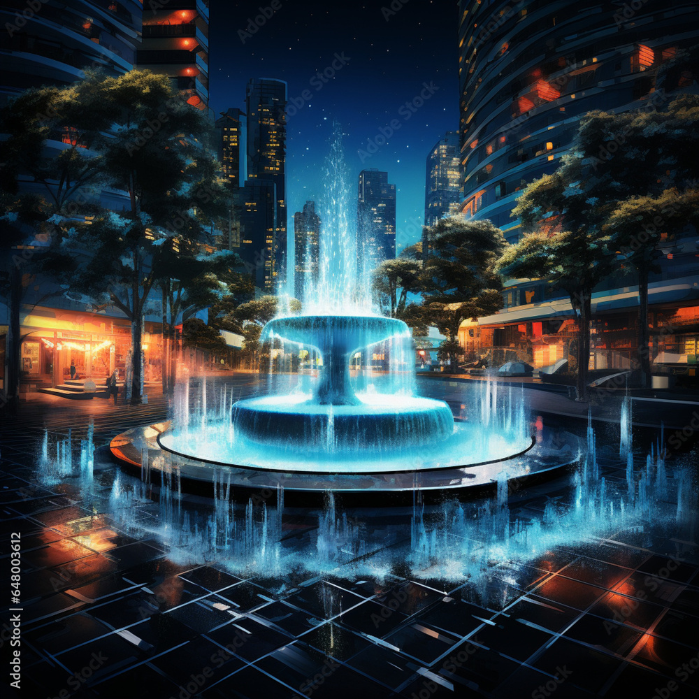 Modern fountain in the city. - obrazy, fototapety, plakaty 