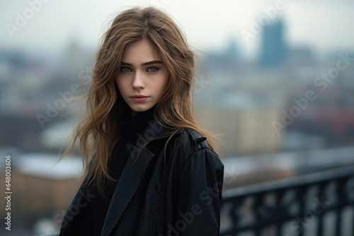 Sadness European Girl In A Black Coat On City Background