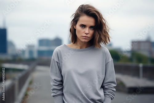 Sadness European Woman In A Gray Polo Shirt On City Background photo