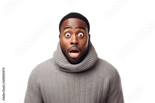 Surprise African Man In A Gray Cardigan On White Background photo