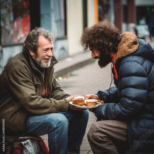 Man giving food to a homeless man on the street. Helping others. Solidarity.