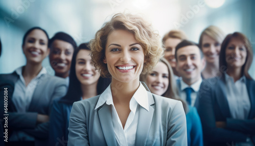 Young business woman looking at the camera with her colleagues on the background