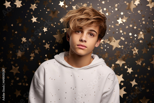 A Boy In A White Hoodie Standing In Front Of Stars