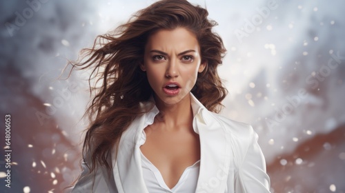 A woman in a white shirt with a surprised look on her face
