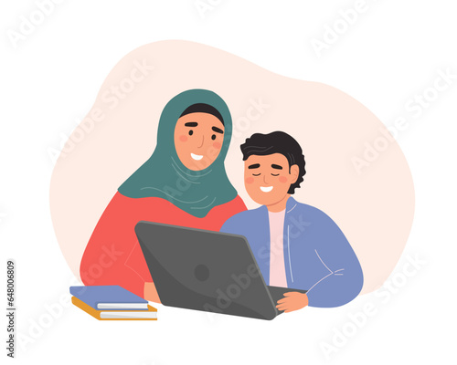 A teacher and a child are sitting with a laptop. A woman in a hijab and a student receives knowledge. Vector flat graphics.