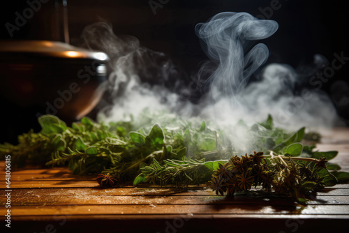 Aromatic Steam Rising In The Sauna With Herbal Infusions photo