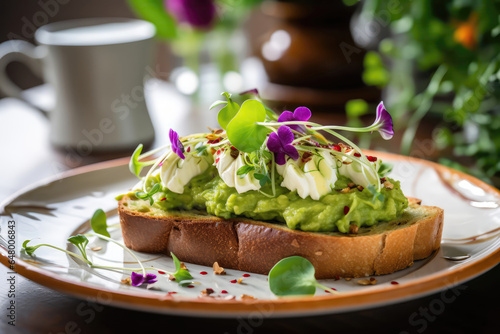 Avocado Toast On Plate In Botanicalstyle Cafe photo