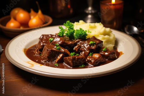 Beef Bourguignon On Plate In Retrostyle Cafe