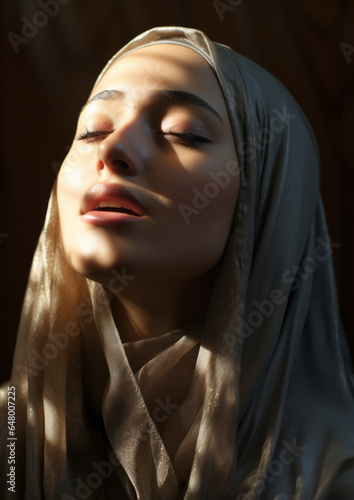 Young muslim woman lifting her head in prayer. Sunlight on her face. Religion concept.