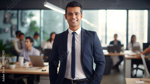 Handsome smiling asian indian businessman boss in a suit standing in his modern business company office