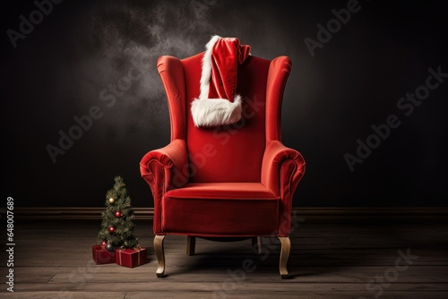 Santa's red hat on a red chair creative minimalism. christmas card