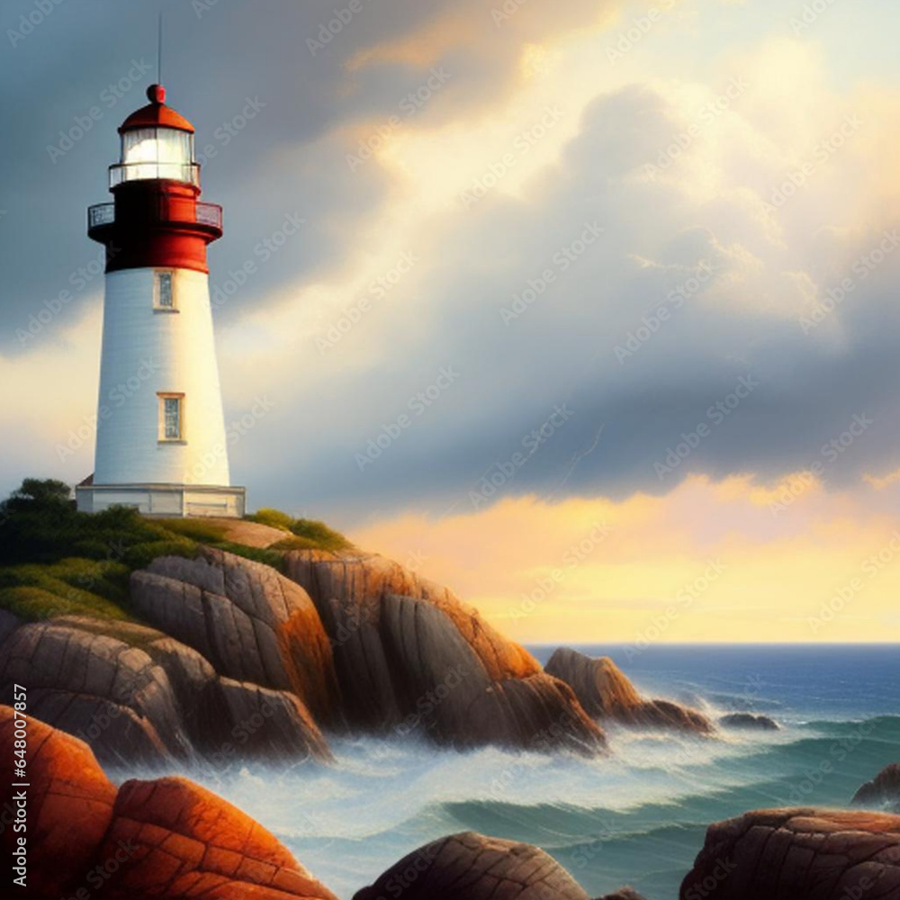 Lighthouse situated on a rocky outcrop with high ocean waves.  Generative AI