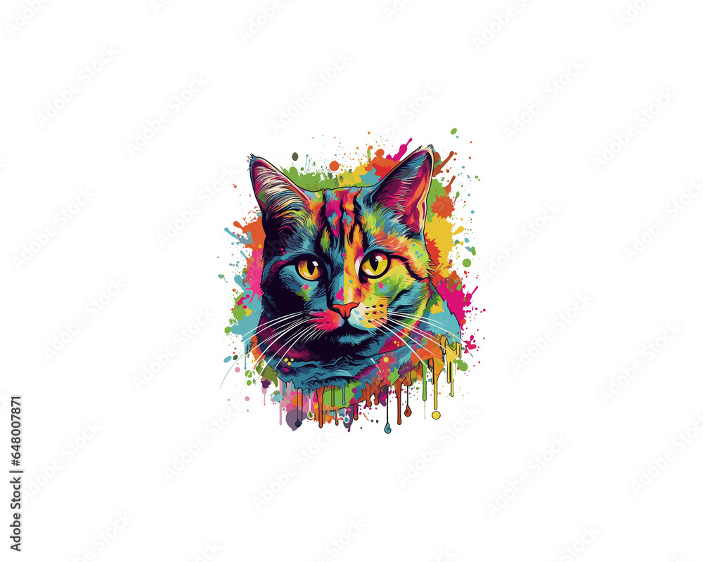 Obraz premium Colorful colorful cat portrait with splashes of paint.at portrait with splashes of paint. isolated on transparent on PNG background