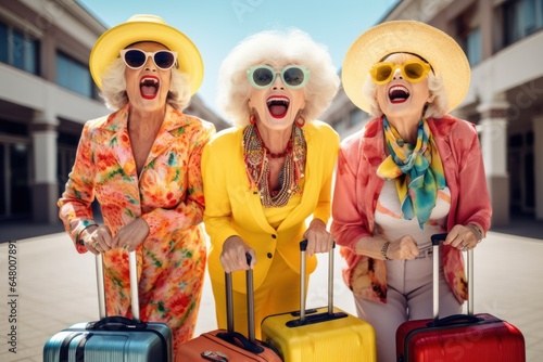 elderly people tourism concept, world day. two happy emotional pensioner woman girlfriends dressed in bright clothes at street on a vacation trip